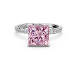 White gold Fancy Pink Princess  Solitaire Pavé Diamond Engagement Ring with Four-Prong Setting