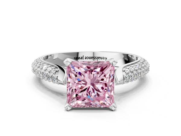 White gold Fancy Pink Princess  Diamond Solitaire Engagement Ring with Pavé Band and Four-Prong Setting