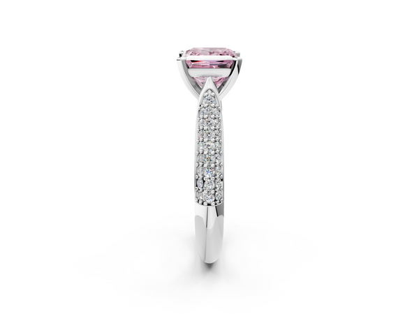 White gold Fancy Pink Princess  Diamond Solitaire Engagement Ring with Pavé Band and Four-Prong Setting