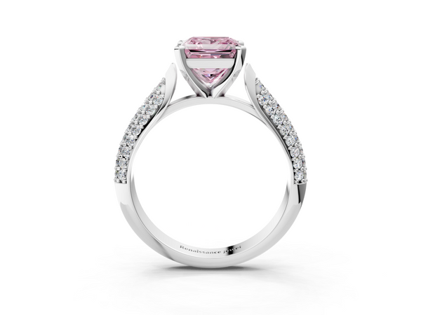 White gold Fancy Pink Princess  Diamond Solitaire Engagement Ring with Pavé Band and Four-Prong Setting