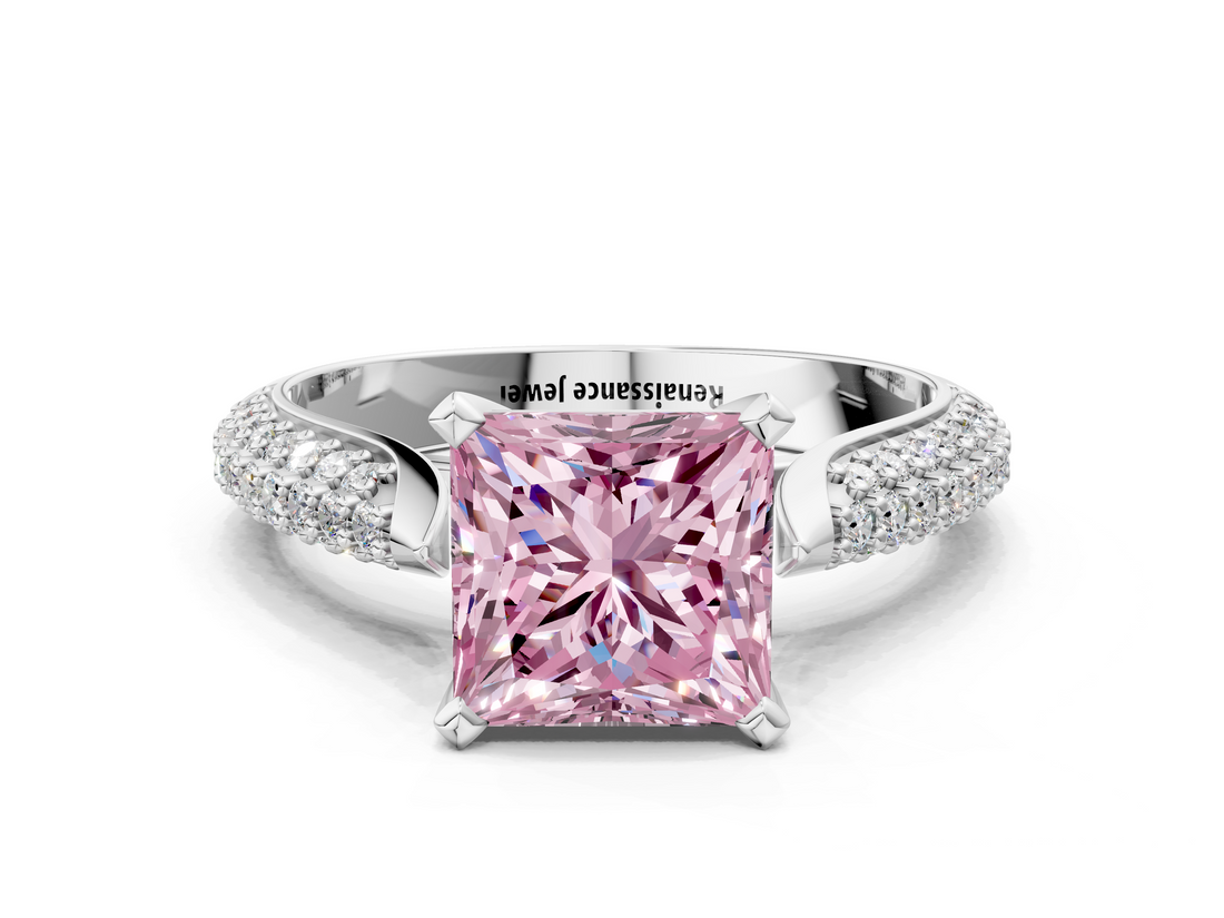 White gold Fancy Pink Princess  Solitaire Pavé Diamond Engagement Ring with Four-Prong Setting