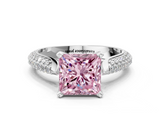 White gold Fancy Pink Princess  Solitaire Pavé Diamond Engagement Ring with Four-Prong Setting