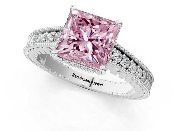 White gold Fancy Pink Princess  Solitaire Pavé Diamond Milgrain Engagement Ring with Four-Prong Setting