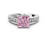 White gold Fancy Pink Princess  Solitaire Pavé Diamond Milgrain Engagement Ring with Four-Prong Setting