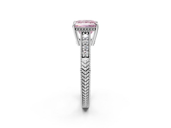 White gold Fancy Pink Princess  Solitaire Pavé Diamond Milgrain Engagement Ring with Four-Prong Setting