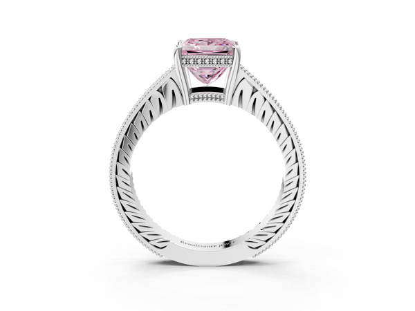 White gold Fancy Pink Princess  Solitaire Pavé Diamond Milgrain Engagement Ring with Four-Prong Setting