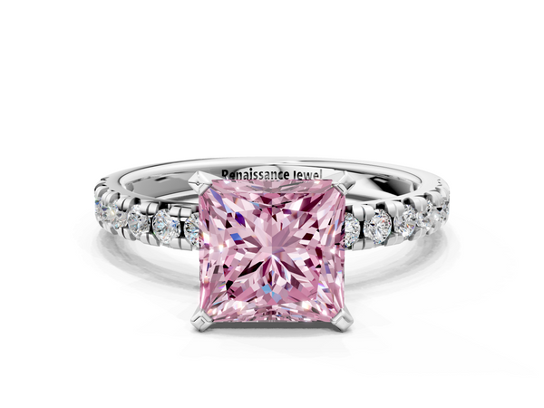 Platinum Fancy Pink Princess  Solitaire Pave Diamond Engagement Ring with Four-Prong Setting