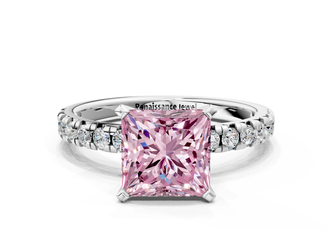 White gold Fancy Pink Princess  Solitaire Pave Diamond Engagement Ring with Four-Prong Setting
