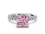 White gold Fancy Pink Princess  Solitaire Pave Diamond Engagement Ring with Four-Prong Setting
