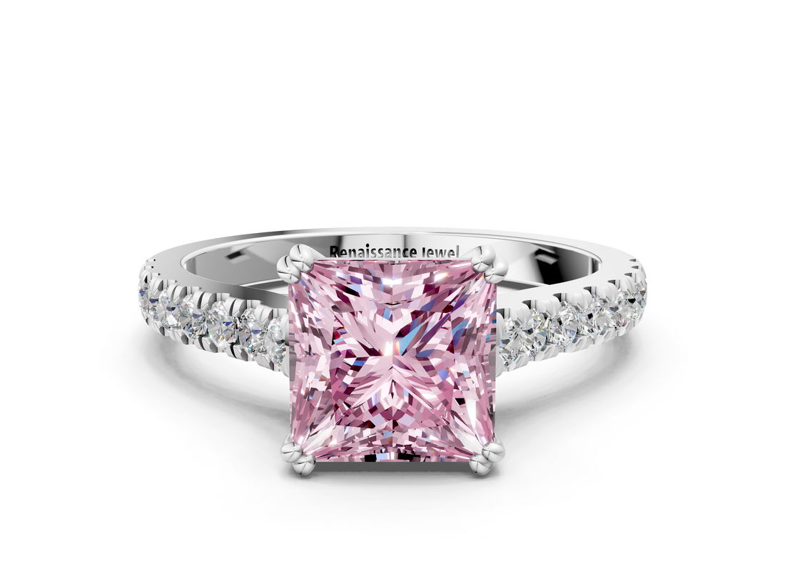 White gold Fancy Pink Princess  Solitaire Pave Diamond Engagement Ring with Prong Setting