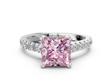 White gold Fancy Pink Princess  Solitaire Pave Diamond Engagement Ring with Prong Setting