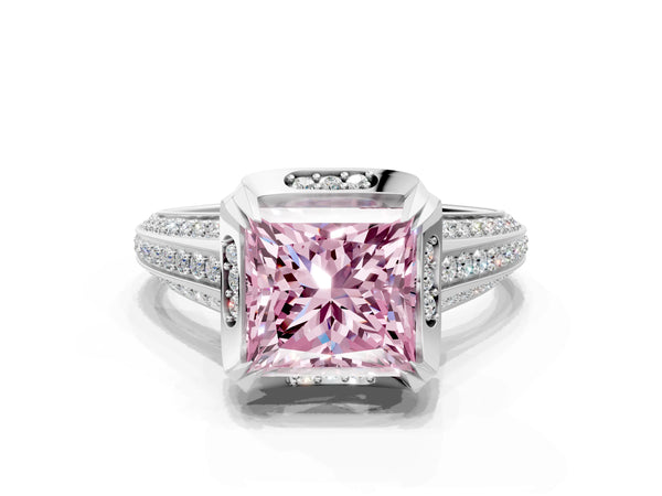 Platinum Fancy Pink Princess  Solitaire Pave Split Shank Ring with Four-Prong Setting