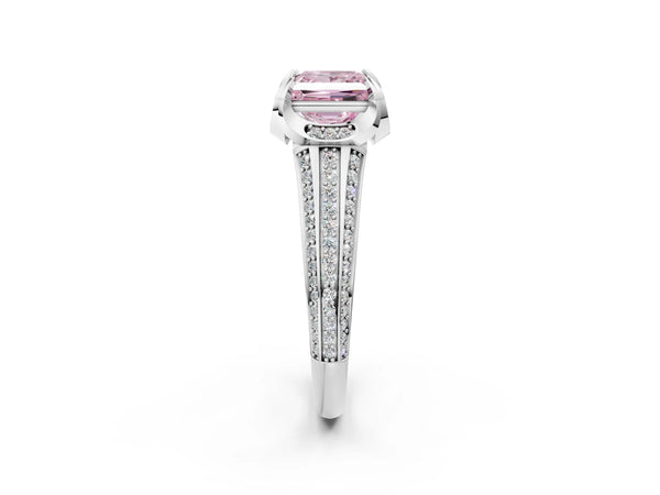 Platinum Fancy Pink Princess  Solitaire Pave Split Shank Ring with Four-Prong Setting