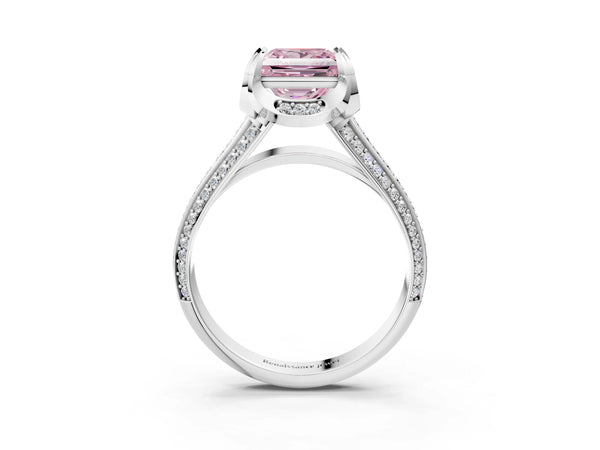 Platinum Fancy Pink Princess  Solitaire Pave Split Shank Ring with Four-Prong Setting