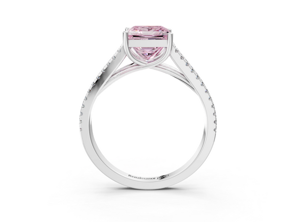 Platinum Fancy Pink Princess Cut Diamond Solitaire Engagement Ring with Split Shank Pavé Band