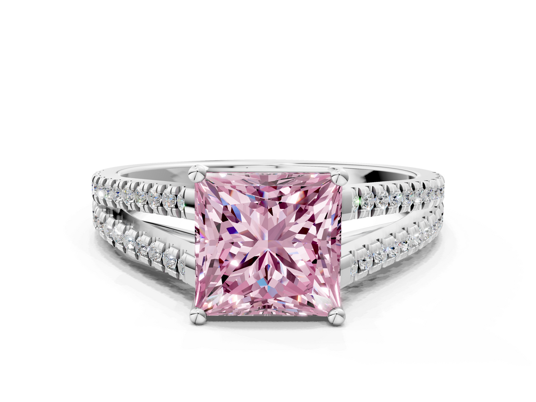 White gold Fancy Pink Princess  Solitaire Split Shank Pavé Diamond Engagement Ring