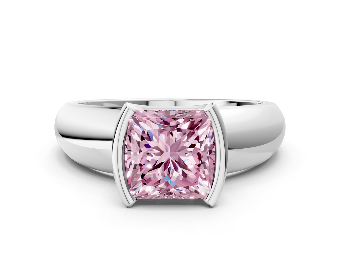 White gold Fancy Pink Princess  Solitaire Tension Set Diamond Ring with Wide Band