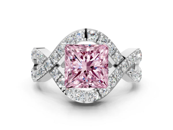 White gold Fancy Pink Princess  Solitaire Twist Band Pavé Diamond Engagement Ring
