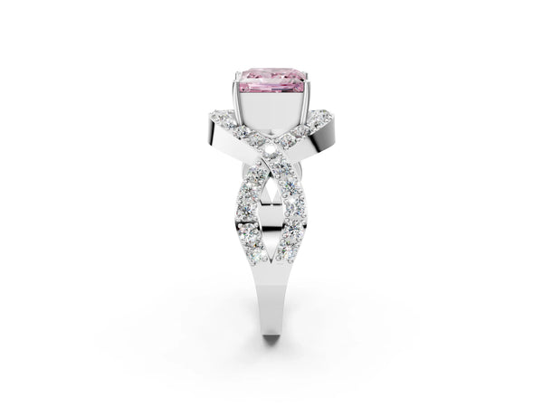 White gold Fancy Pink Princess  Solitaire Twist Band Pavé Diamond Engagement Ring