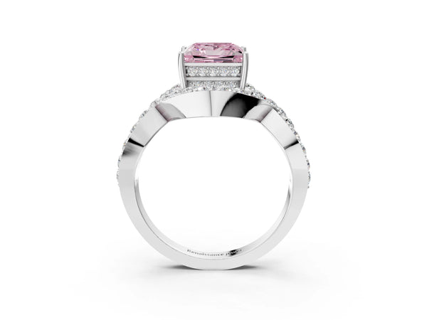 White gold Fancy Pink Princess  Solitaire Twist Band Pavé Diamond Engagement Ring