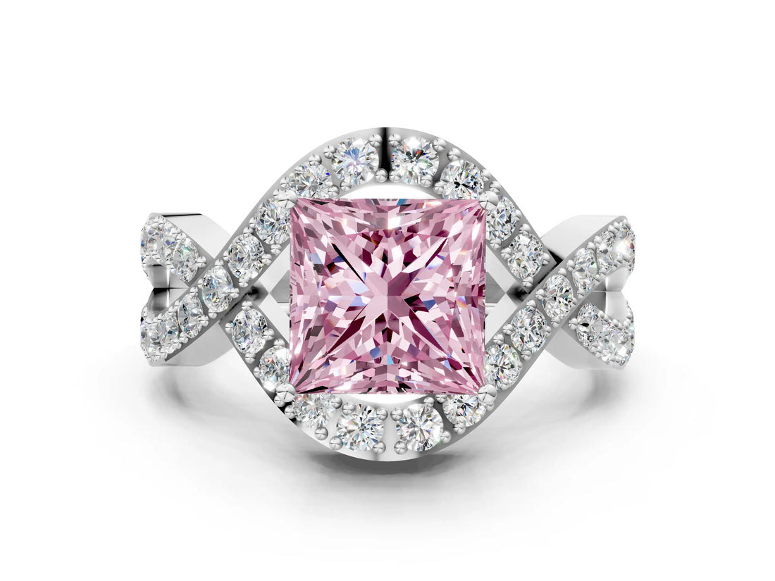 White gold Fancy Pink Princess  Solitaire Twist Band Pavé Diamond Engagement Ring_78