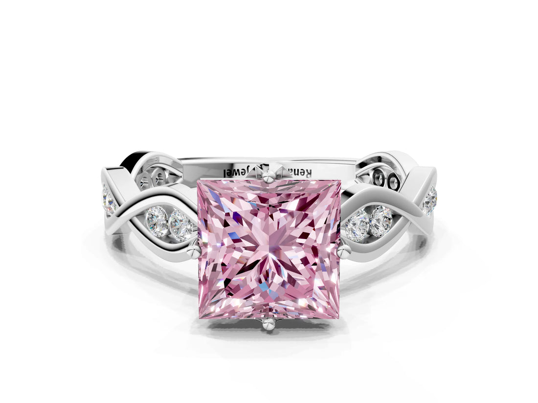 White gold Fancy Pink Princess  Solitaire Twist Band with Leaf Prong Setting 1