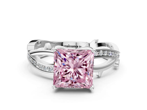 Platinum Fancy Pink Princess  Solitaire Twist Band with Pavé Accents and Four-Prong Setting
