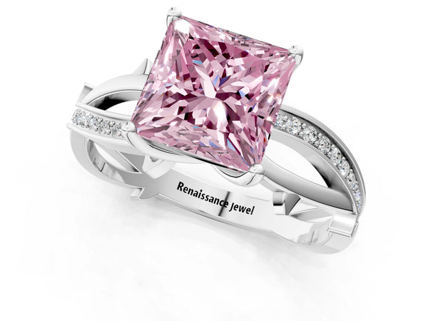 Platinum Fancy Pink Princess  Solitaire Twist Band with Pavé Accents and Four-Prong Setting