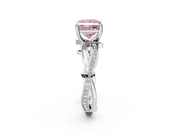 Platinum Fancy Pink Princess  Solitaire Twist Band with Pavé Accents and Four-Prong Setting