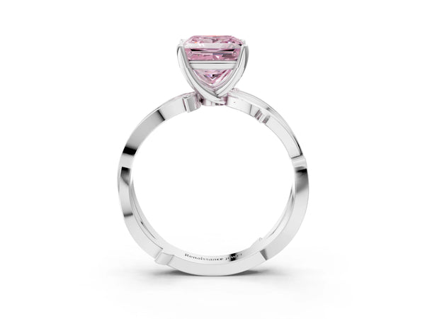 Platinum Fancy Pink Princess  Solitaire Twist Band with Pavé Accents and Four-Prong Setting