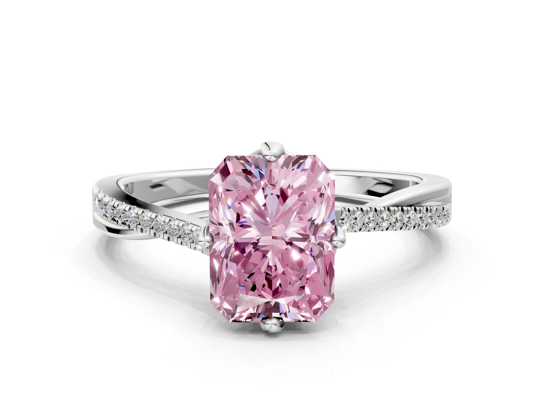 White gold Fancy Pink Princess  Solitaire Twist Band with Pavé Diamonds and Four-Prong Setting_58