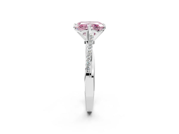 Platinum Fancy Pink Princess  Solitaire Twist Band with Pavé Diamonds and Four-Prong Setting