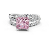 White gold Fancy Pink Princess  Solitaire Twist Band with Pavé Setting and Four-Prong Setting