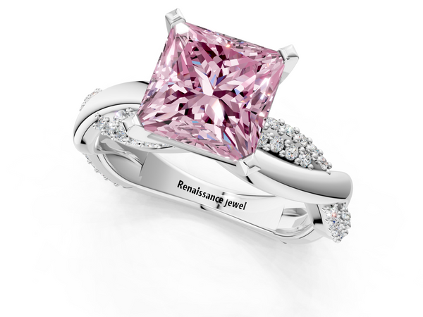 White gold Fancy Pink Princess  Solitaire Twist Band with Pave Prong Setting
