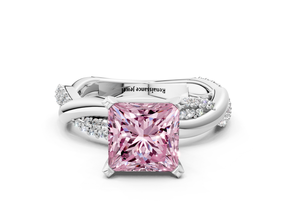 White gold Fancy Pink Princess  Solitaire Twist Band with Pave Prong Setting