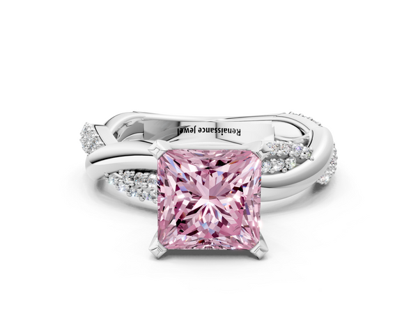 White gold Fancy Pink Princess  Solitaire Twist Band with Pave Prong Setting