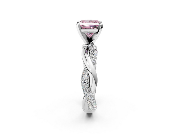 White gold Fancy Pink Princess  Solitaire Twist Band with Pave Prong Setting