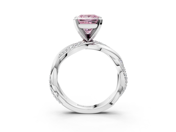 White gold Fancy Pink Princess  Solitaire Twist Band with Pave Prong Setting