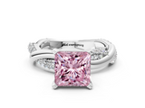 White gold Fancy Pink Princess  Solitaire Twist Band with Pave Prong Setting