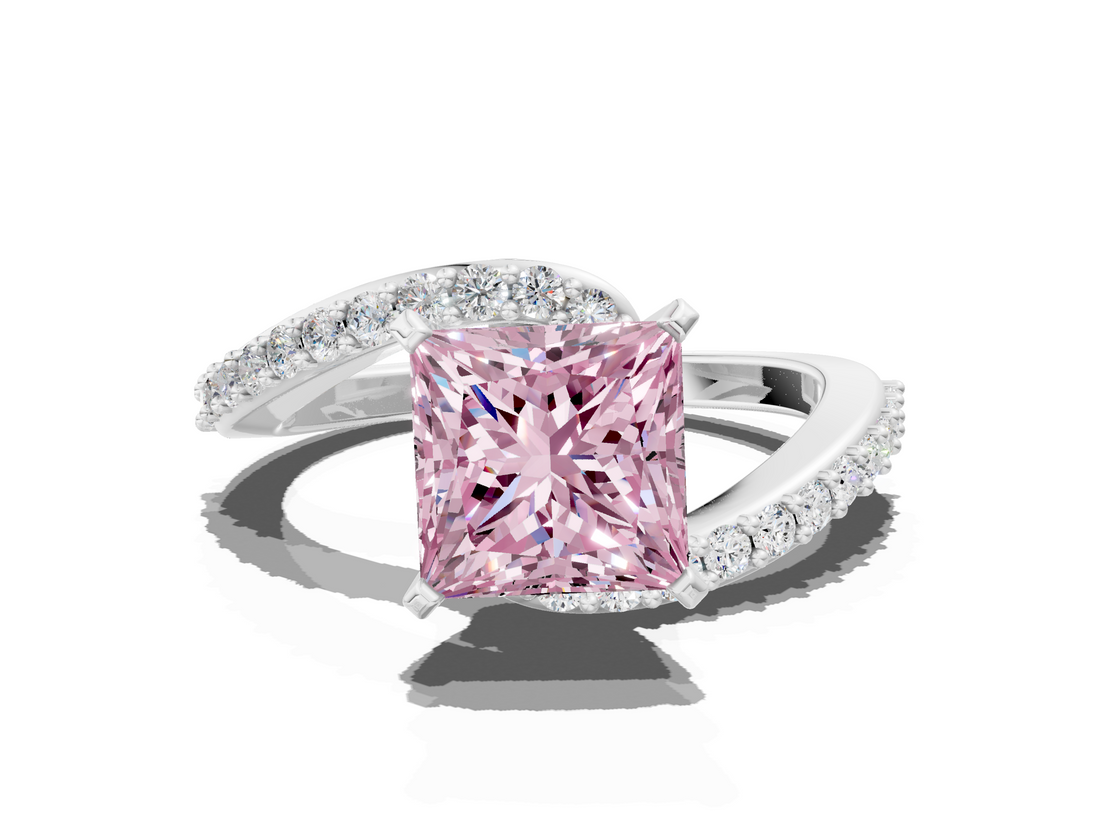 White gold Fancy Pink Princess  Solitaire Twist Band with Pave Set Diamonds and Four-Prong Setting