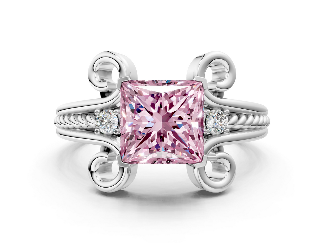 White gold Fancy Pink Princess  Solitaire Twisted Band Scroll Prong Ring_3