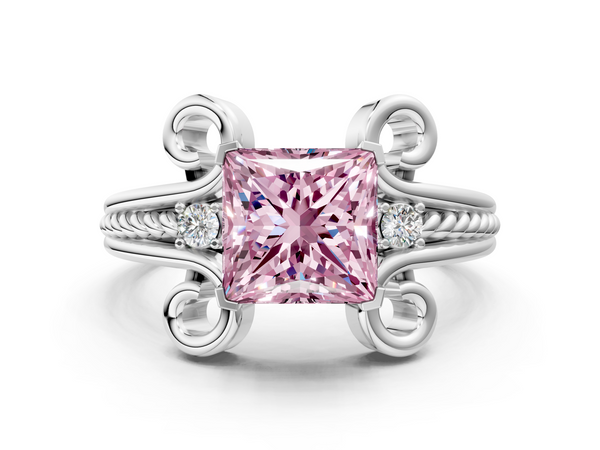 White gold Fancy Pink Princess  Solitaire Twisted Band Scroll Prong Ring