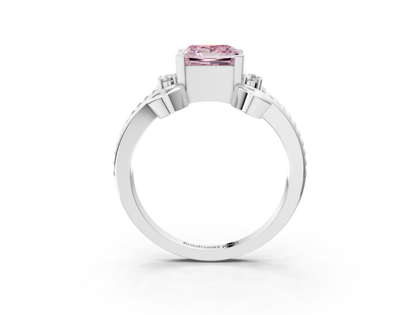 White gold Fancy Pink Princess  Solitaire Twisted Band Scroll Prong Ring