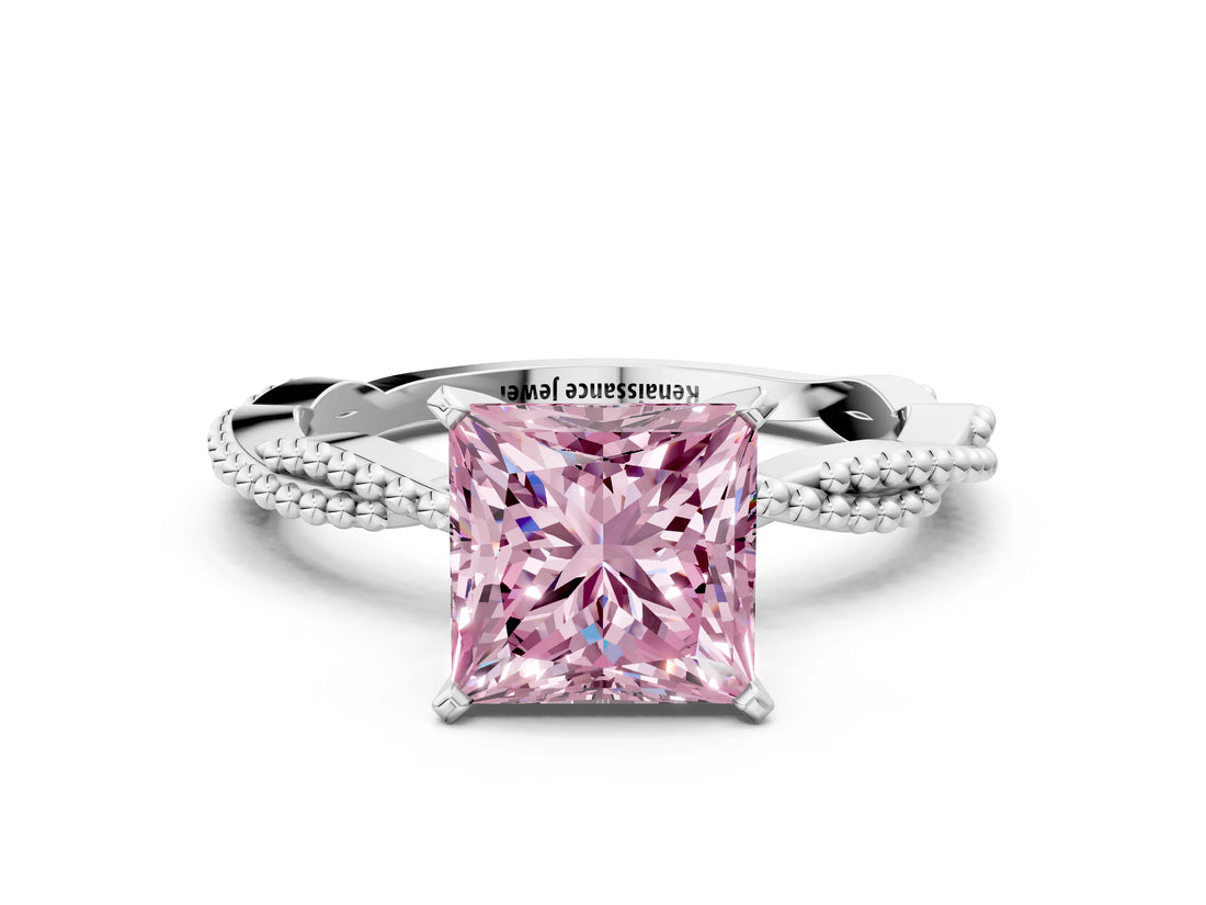 White gold Fancy Pink Princess  Solitaire Twisted Band with Bead Prong Setting_29