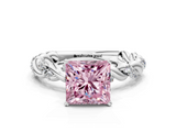White gold Fancy Pink Princess  Solitaire Twisted Band with Pavé Accents and Four-Prong Setting