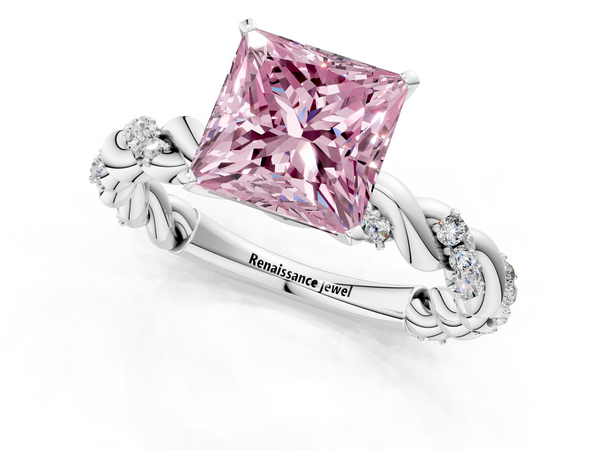 White gold Fancy Pink Princess Cut Diamond Solitaire Ring with Twisted Band and Pavé Accents