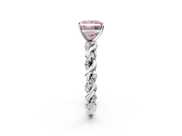 White gold Fancy Pink Princess Cut Diamond Solitaire Ring with Twisted Band and Pavé Accents