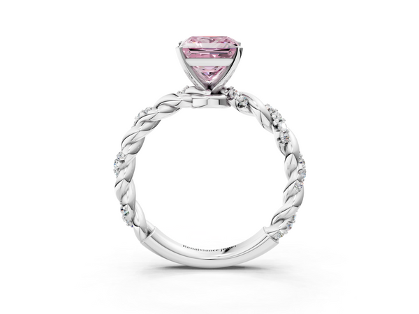 White gold Fancy Pink Princess Cut Diamond Solitaire Ring with Twisted Band and Pavé Accents
