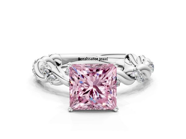 White gold Fancy Pink Princess Cut Diamond Solitaire Ring with Twisted Band and Pavé Accents