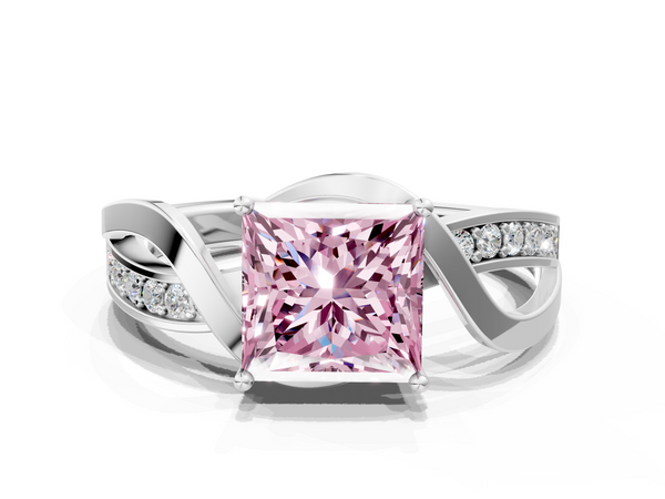 Platinum Fancy Pink Princess  Solitaire Twisted Band with Prong Setting